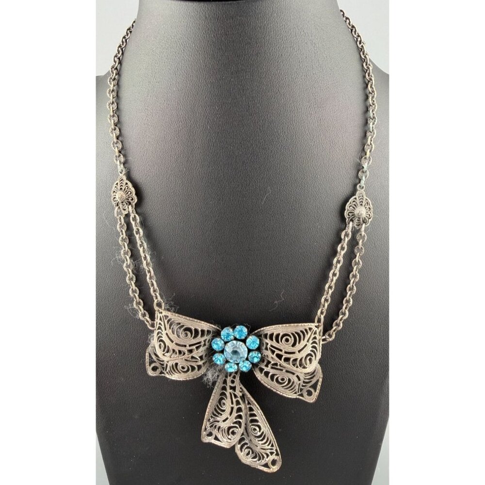 Vintage Necklace Art Deco Style Blue Rhinestone Filigree Bow